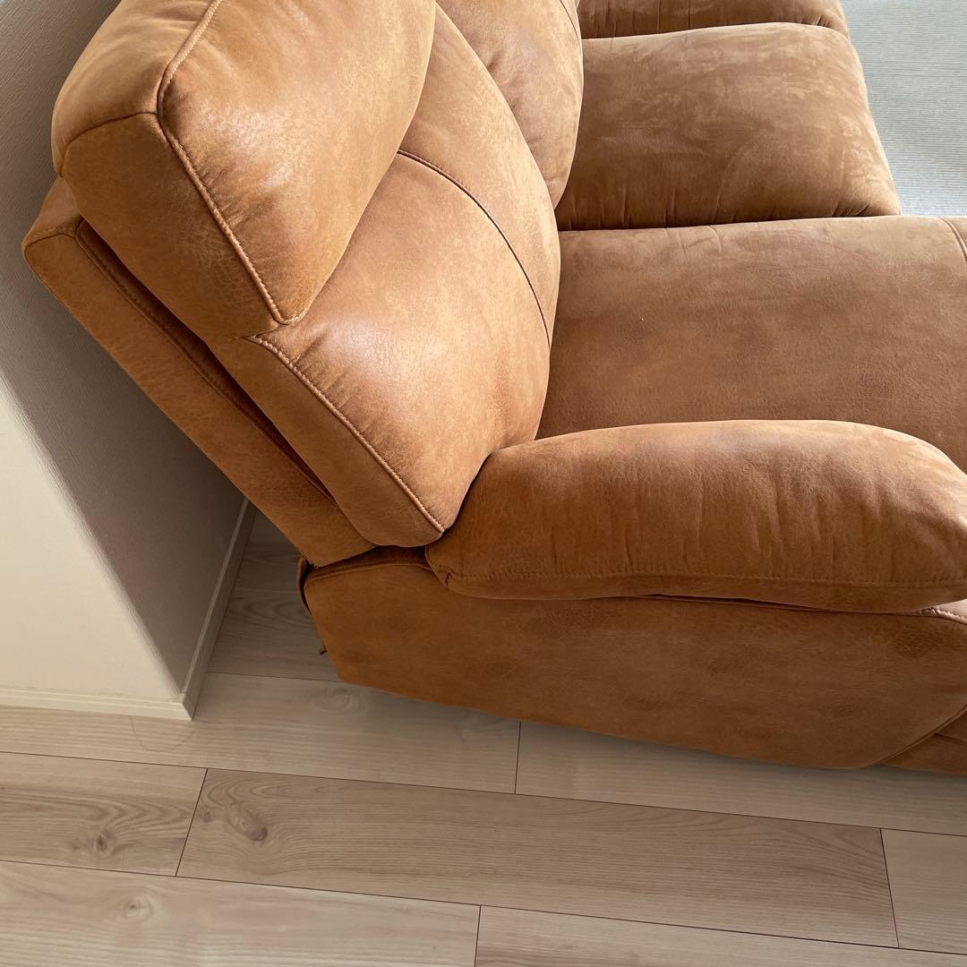 ブラウン ファブリック カウチソファ　皮仕様