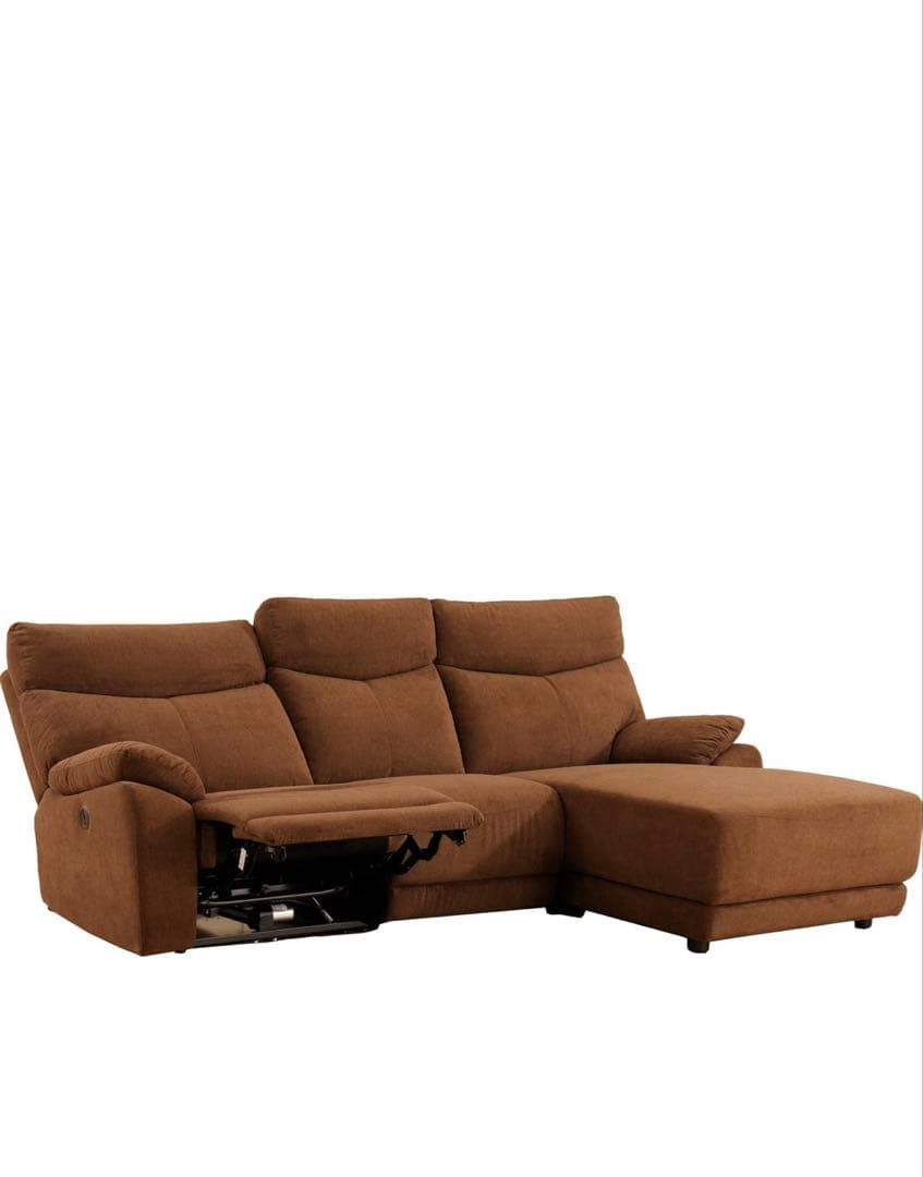 ブラウン ファブリック カウチソファ　皮仕様