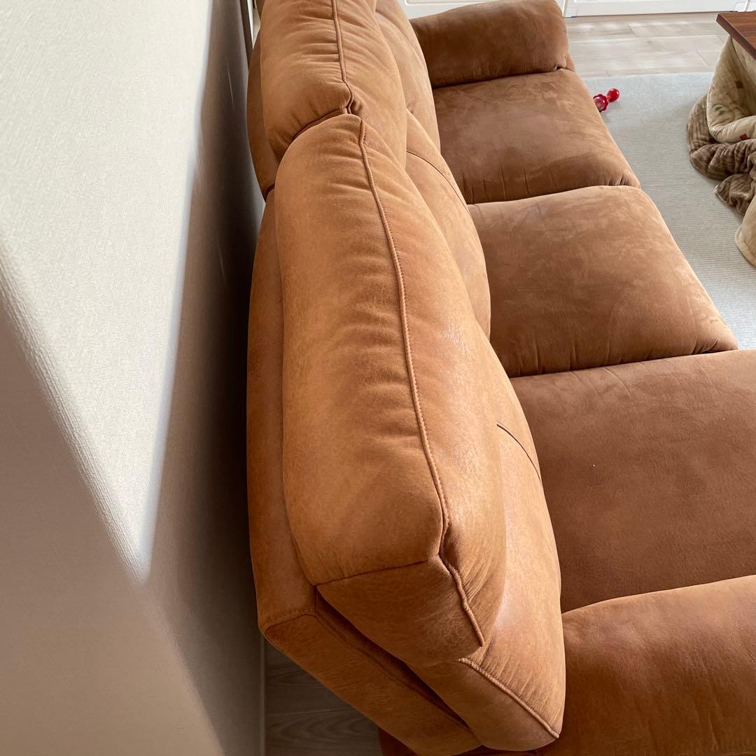 ブラウン ファブリック カウチソファ　皮仕様