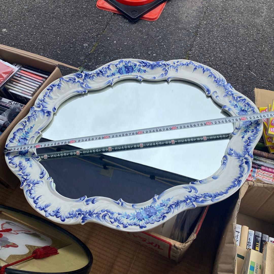 アンティーク調　ホワイト　ブルー　花柄　陶磁器　大型壁掛け鏡　ウォールミラー