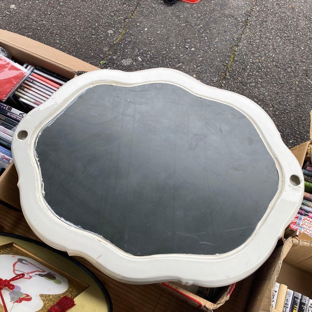 アンティーク調　ホワイト　ブルー　花柄　陶磁器　大型壁掛け鏡　ウォールミラー