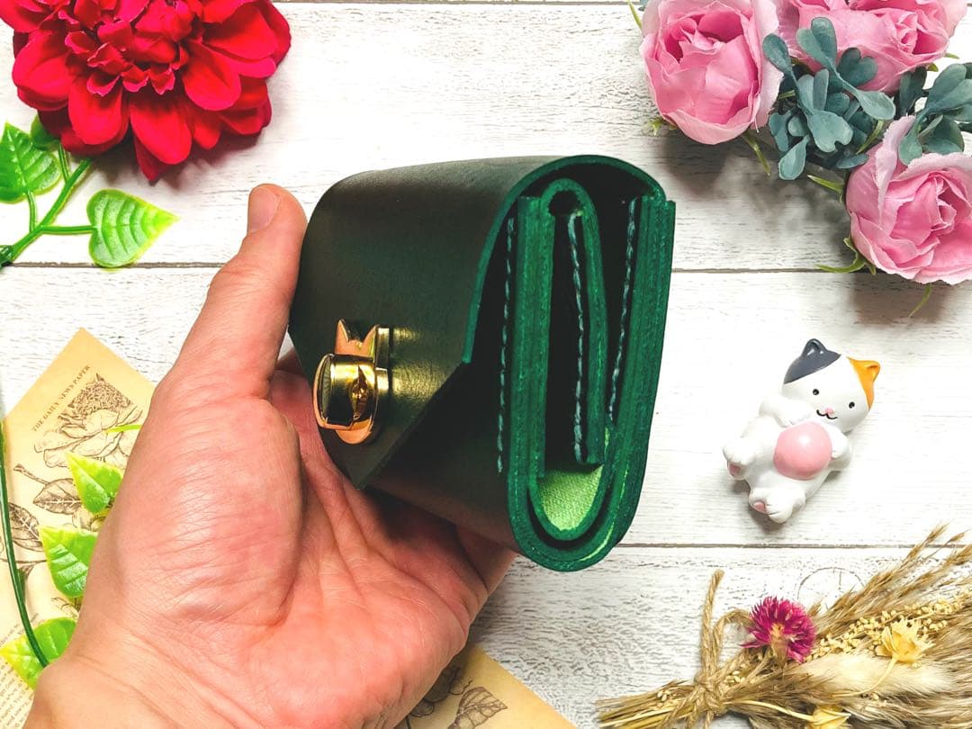 ❤【新色♪】【可愛さ×高級感♪】お洒落可愛い猫のコンパクトミニ財布♪深緑グリーン