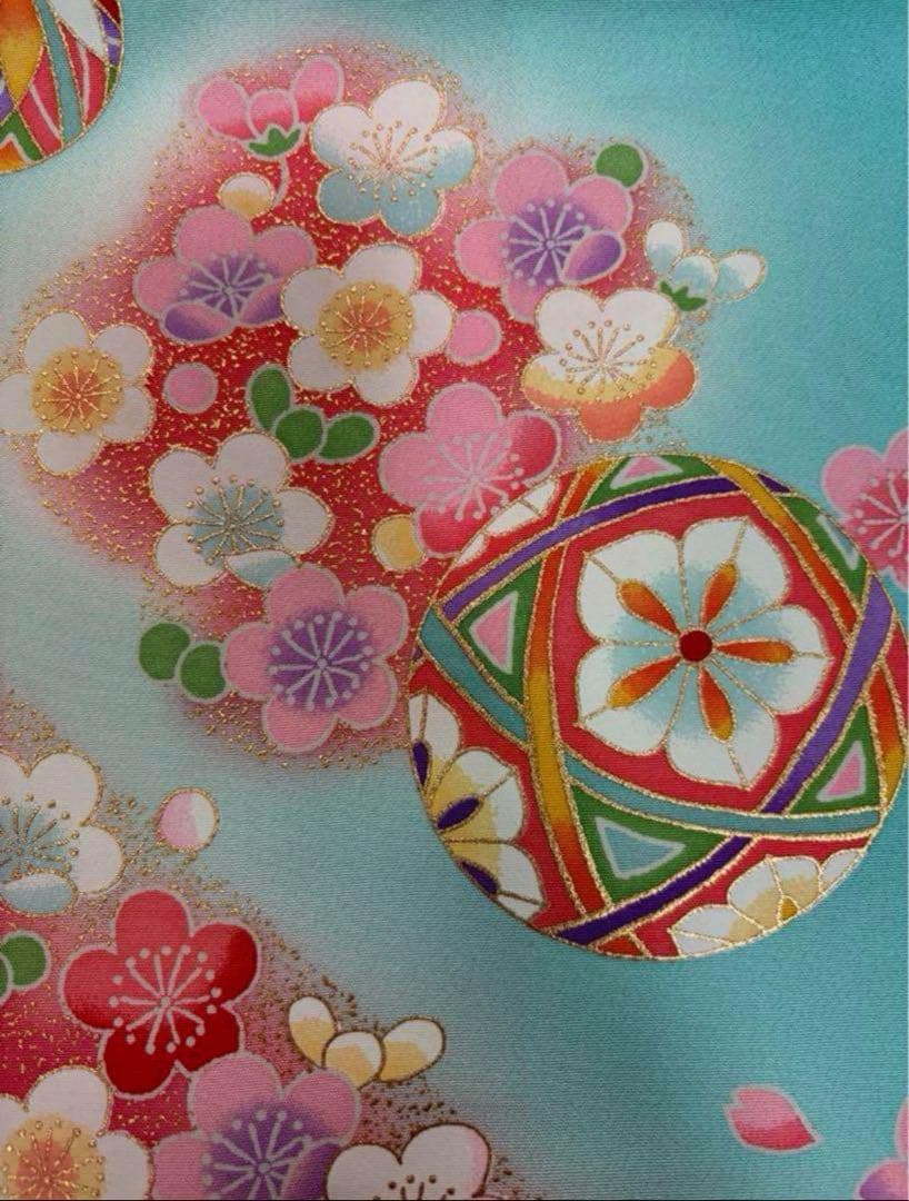 七五三　三ツ身女の子着物　正絹　仮絵羽　爽やか水色　可愛い手毬柄　桜　金彩