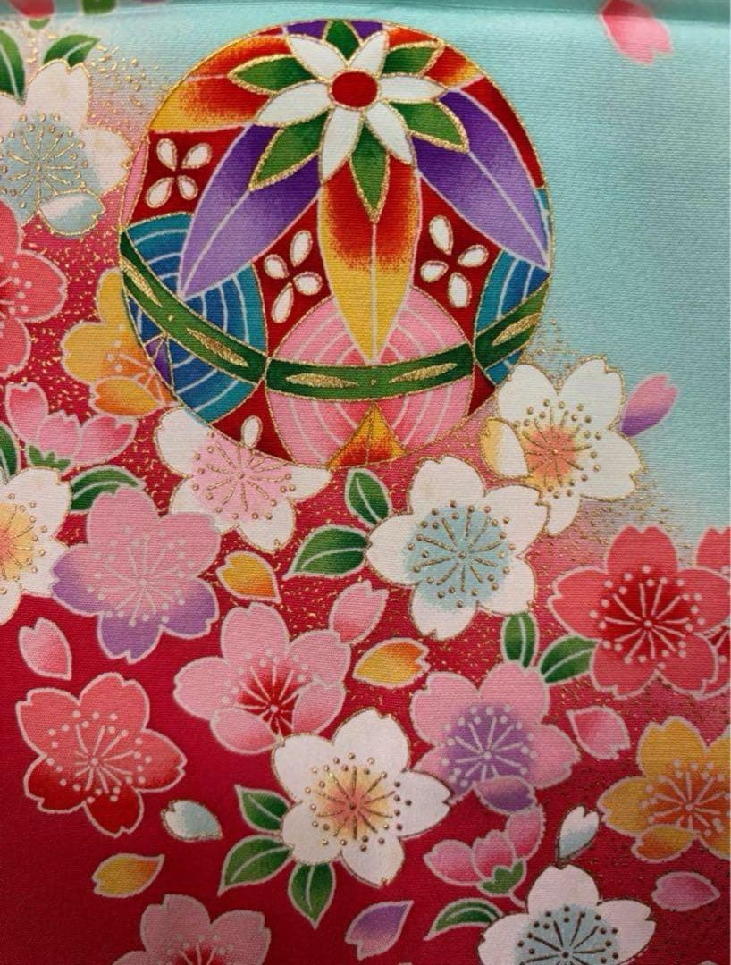 七五三　三ツ身女の子着物　正絹　仮絵羽　爽やか水色　可愛い手毬柄　桜　金彩