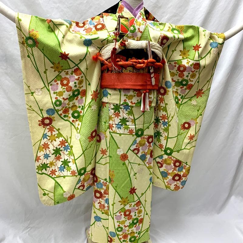 602ag24□七五三 七歳 女児 着物&袋帯 金彩 梅 楓 菊□美品