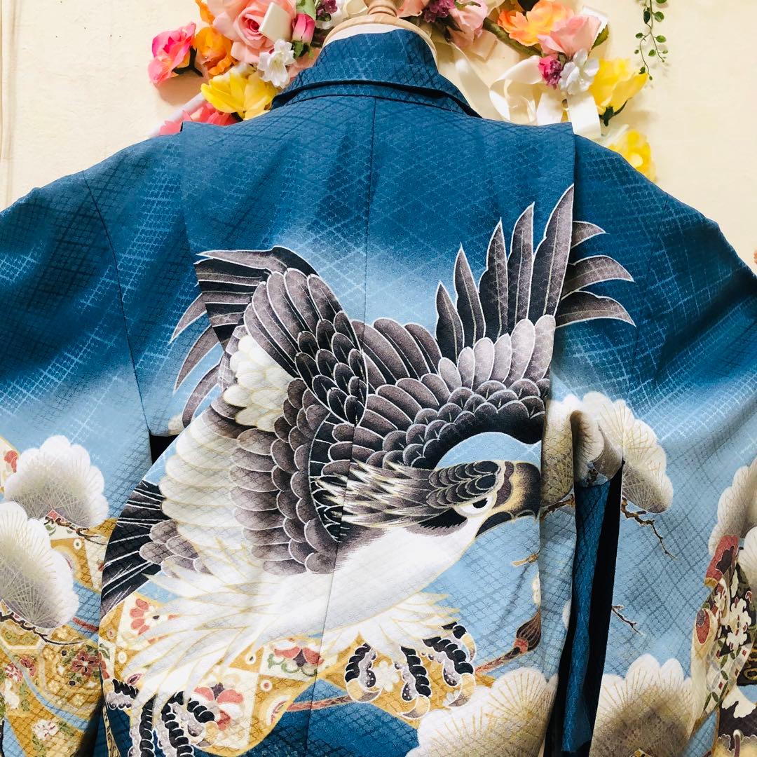 七五三五歳フルセット‼️Blue暈し⭐︎鷹凛々しい⭐︎金蘭袴煌びやか極めてる⭐︎逸品