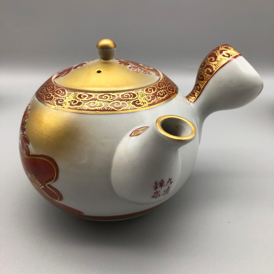 黒田龍華堂九谷焼 金彩牡丹&孔雀柄急須と湯呑み茶碗6点セット