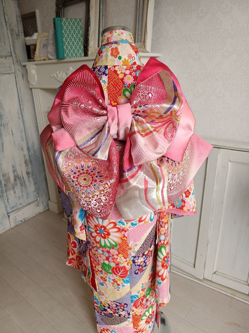 赤ピンクに華紋が可愛い作り帯☆子供、ジュニア、七五三