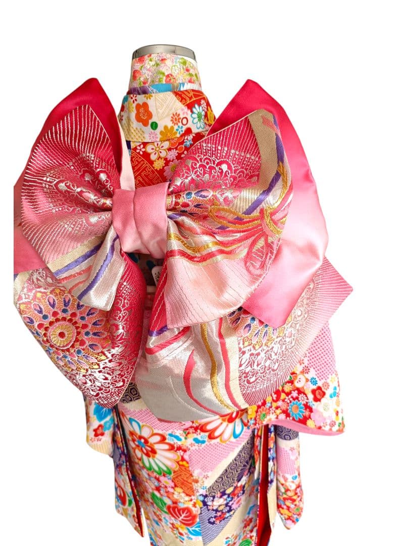 赤ピンクに華紋が可愛い作り帯☆子供、ジュニア、七五三