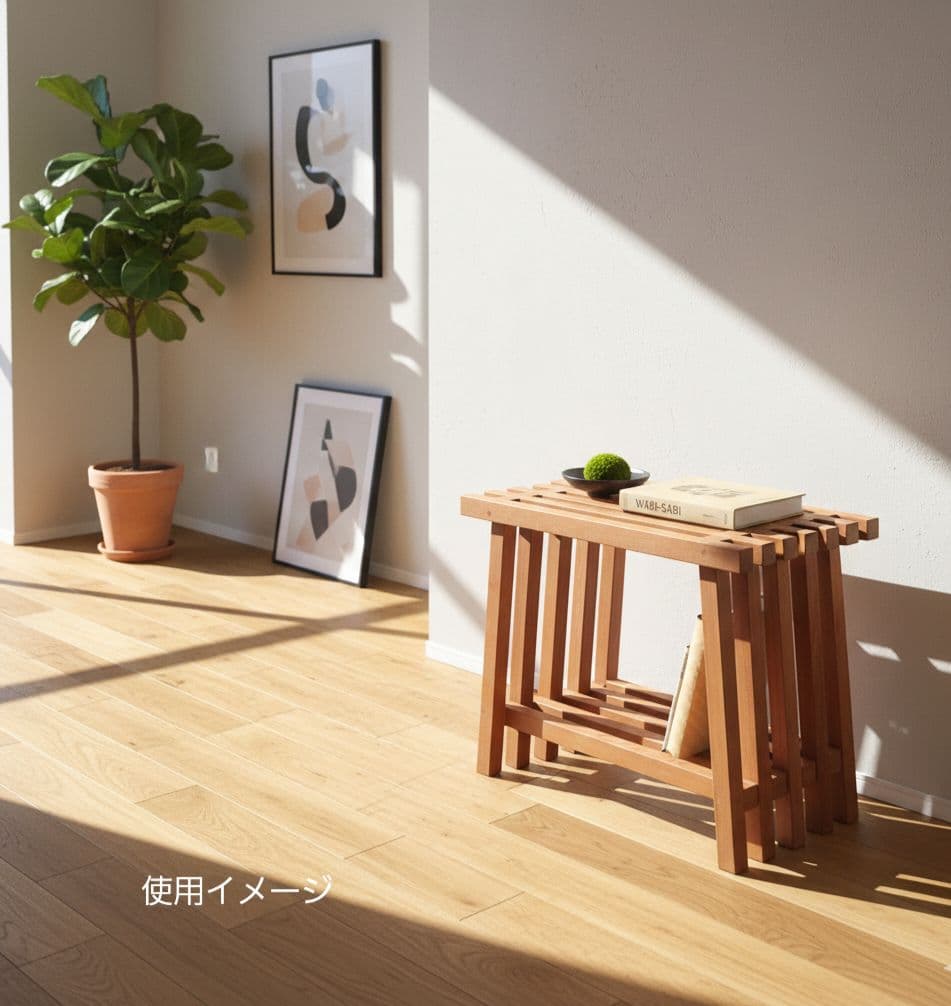 木製スラットデザインテーブル　花台　サイドテーブル　日本製　職人　棚付き