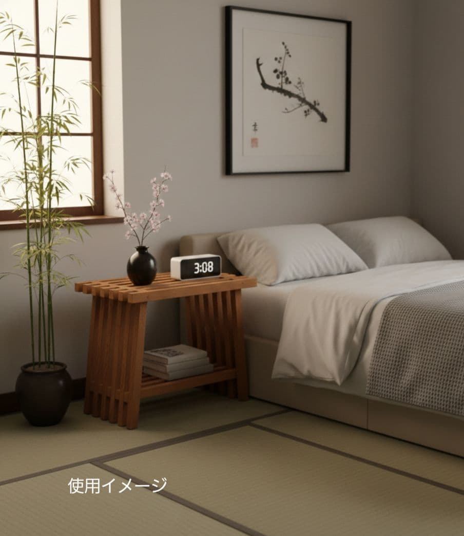 木製スラットデザインテーブル　花台　サイドテーブル　日本製　職人　棚付き