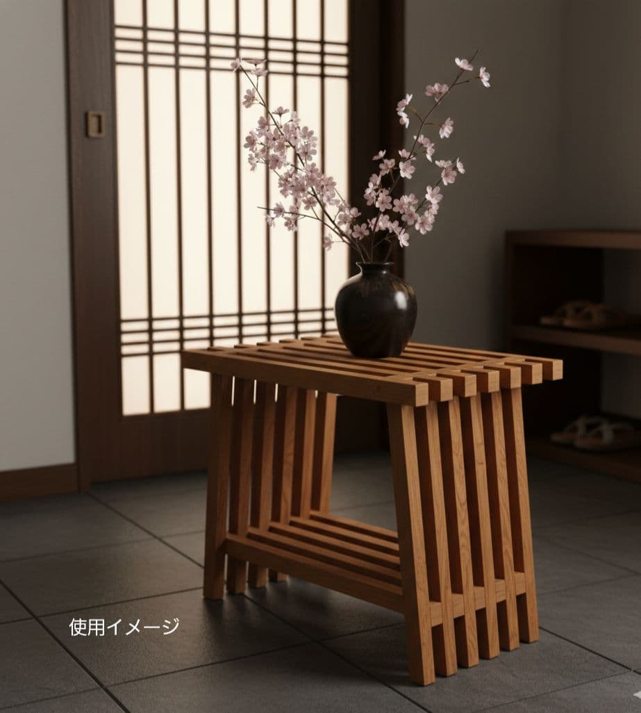 木製スラットデザインテーブル　花台　サイドテーブル　日本製　職人　棚付き