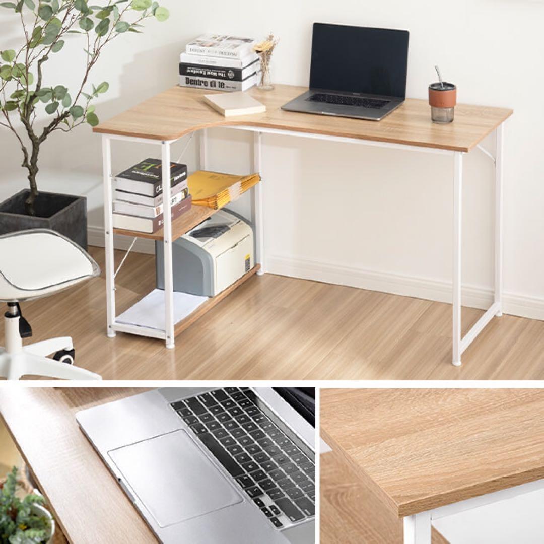 パソコンデスク  勉強机 L字 2段ラック付 デスク木製  ナチュラル