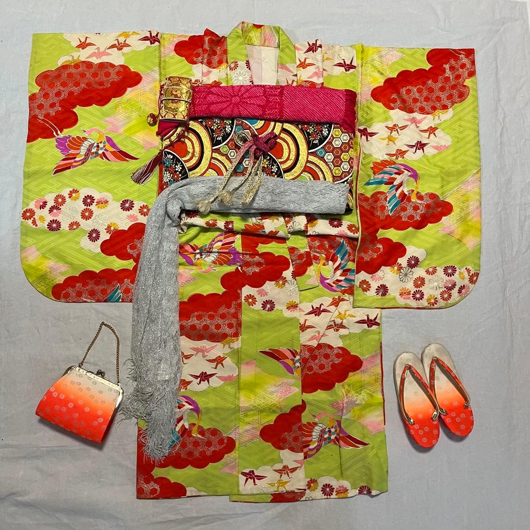 七五三　7歳　黄緑　アンティーク　着物セット