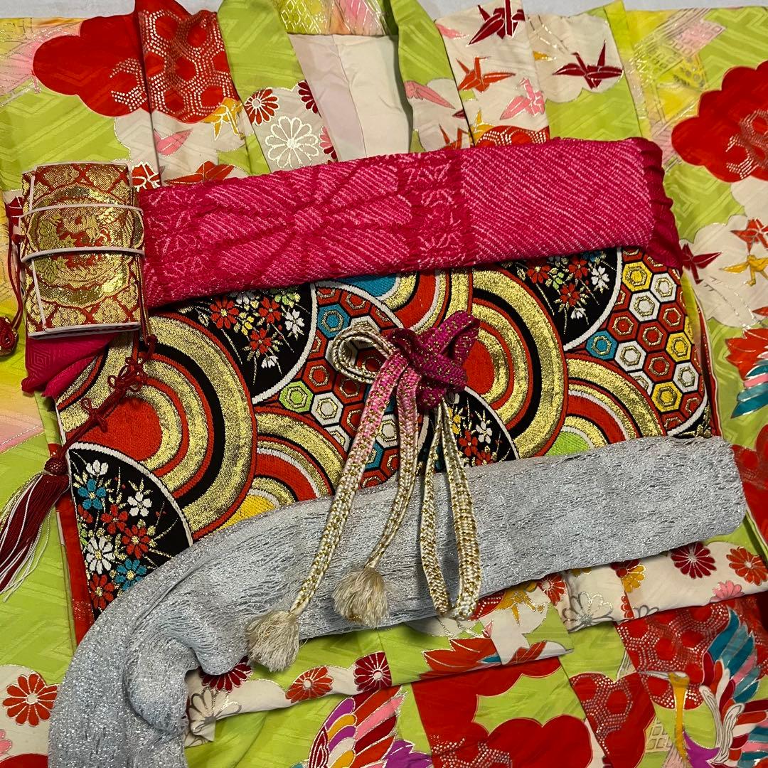 七五三　7歳　黄緑　アンティーク　着物セット