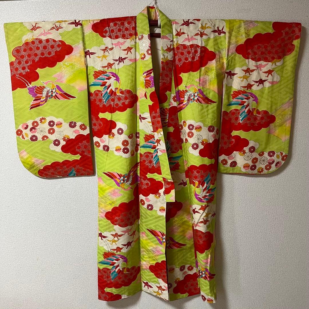 七五三　7歳　黄緑　アンティーク　着物セット