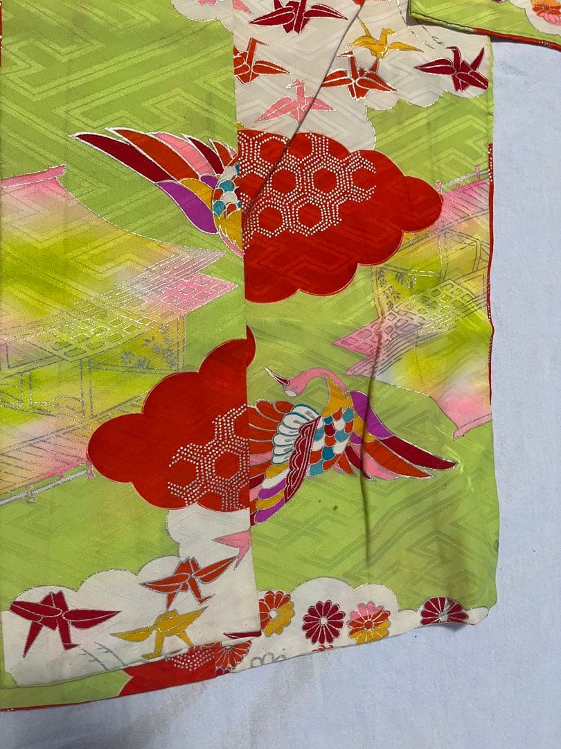 七五三　7歳　黄緑　アンティーク　着物セット