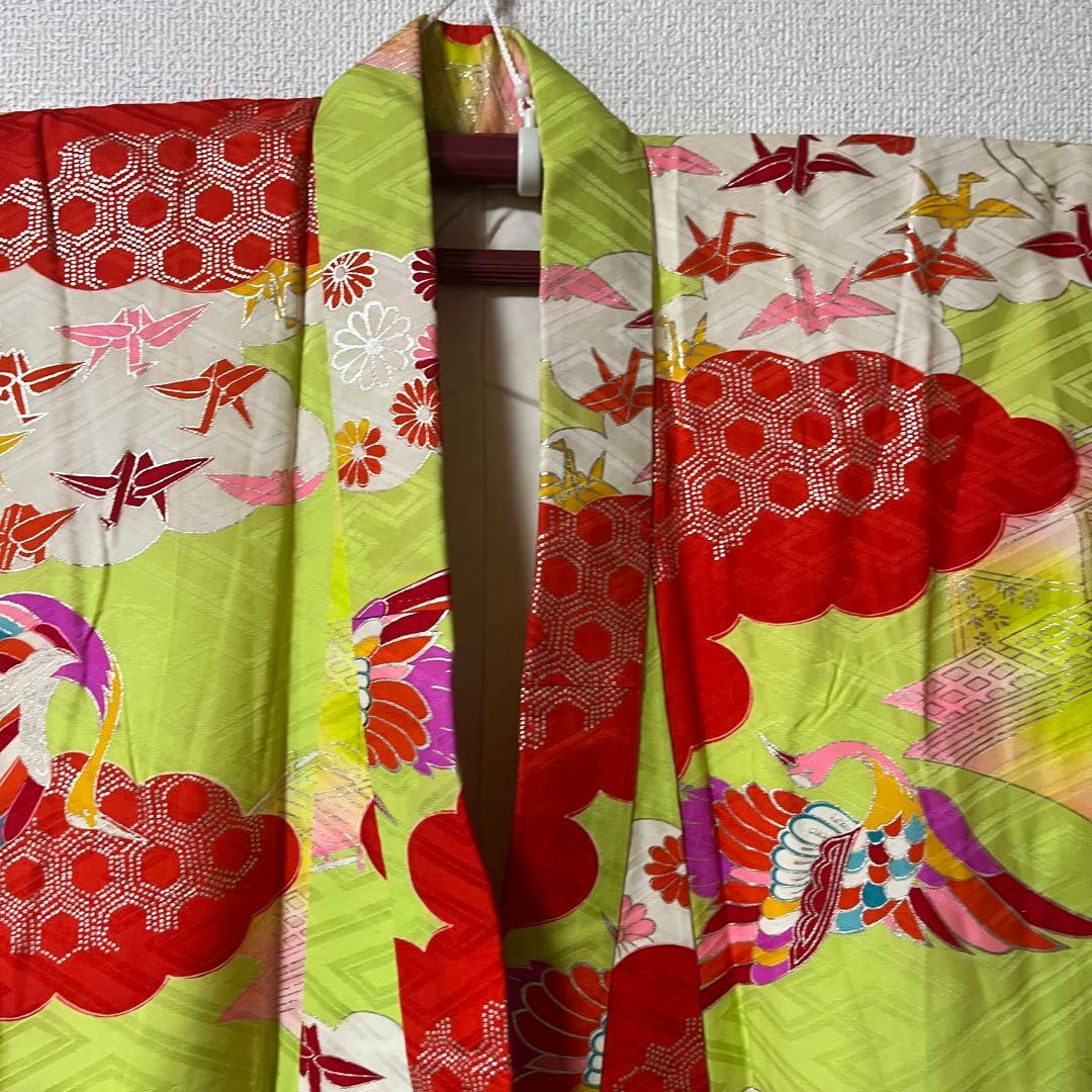 七五三　7歳　黄緑　アンティーク　着物セット