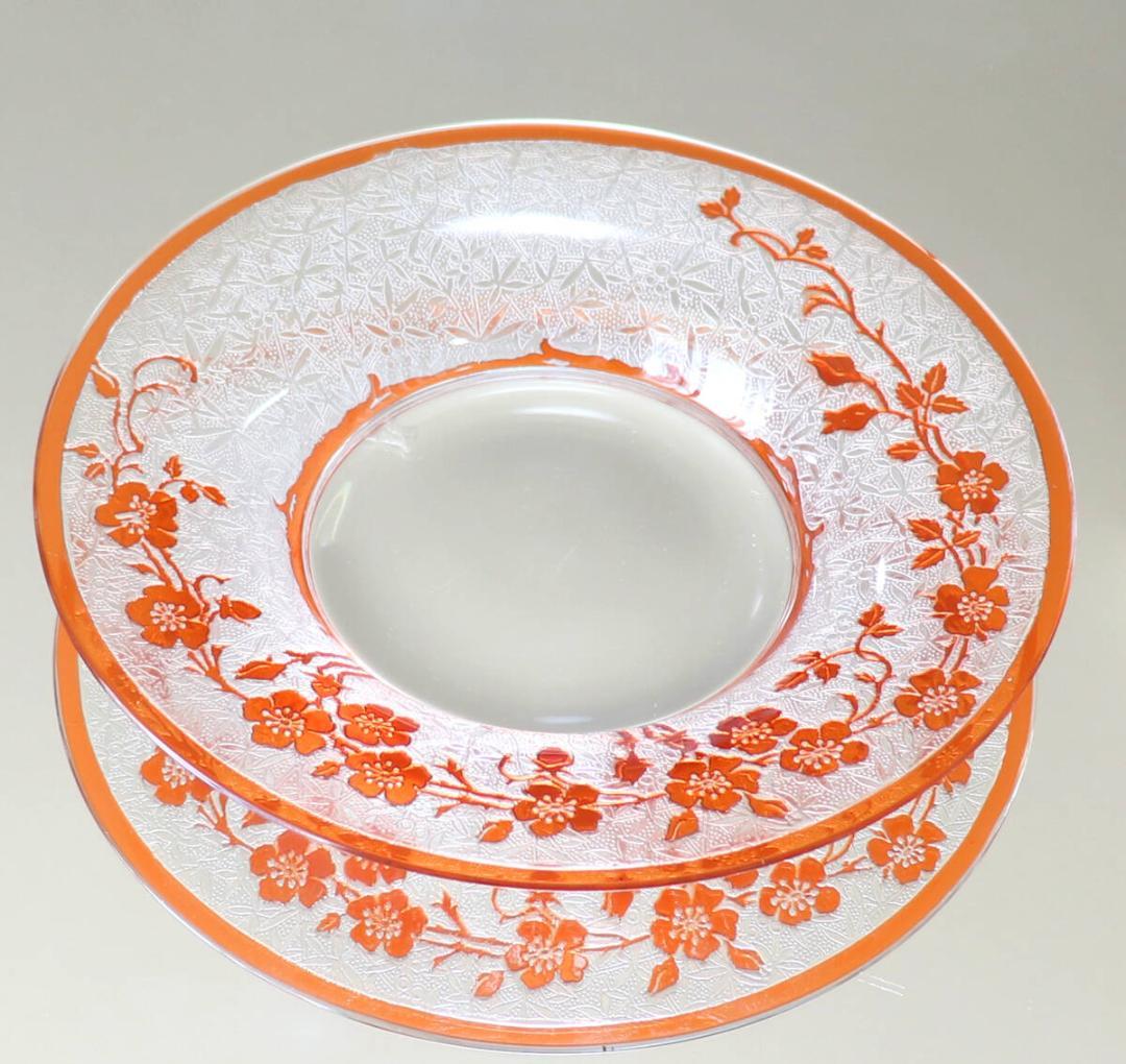 オールド・バカラ 希少色 橙色被せガラス 犬薔薇 コンポート皿 エグランチエ
