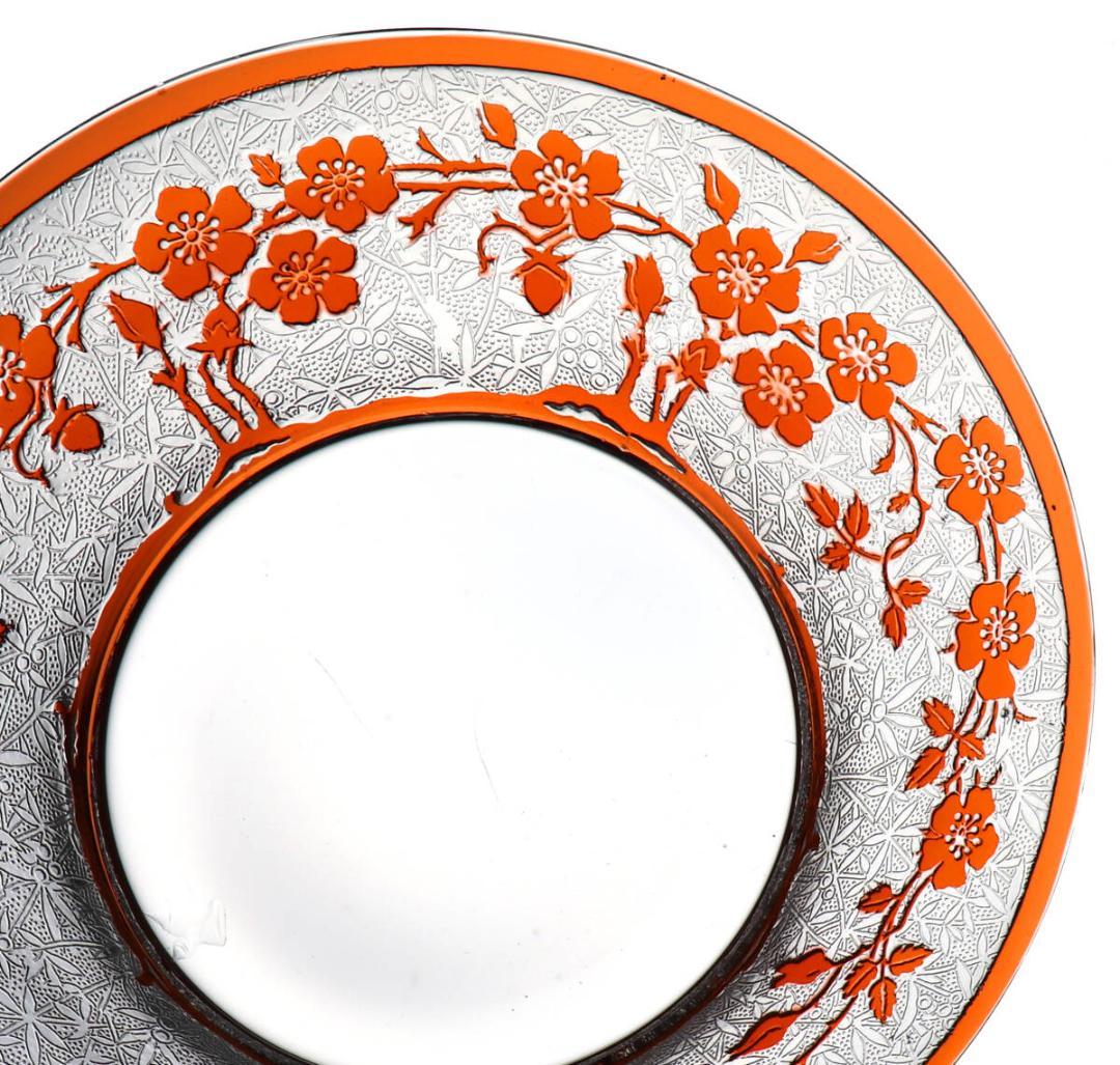 オールド・バカラ 希少色 橙色被せガラス 犬薔薇 コンポート皿 エグランチエ