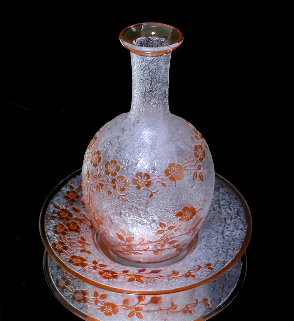 オールド・バカラ 希少色 橙色被せガラス 犬薔薇 コンポート皿 エグランチエ