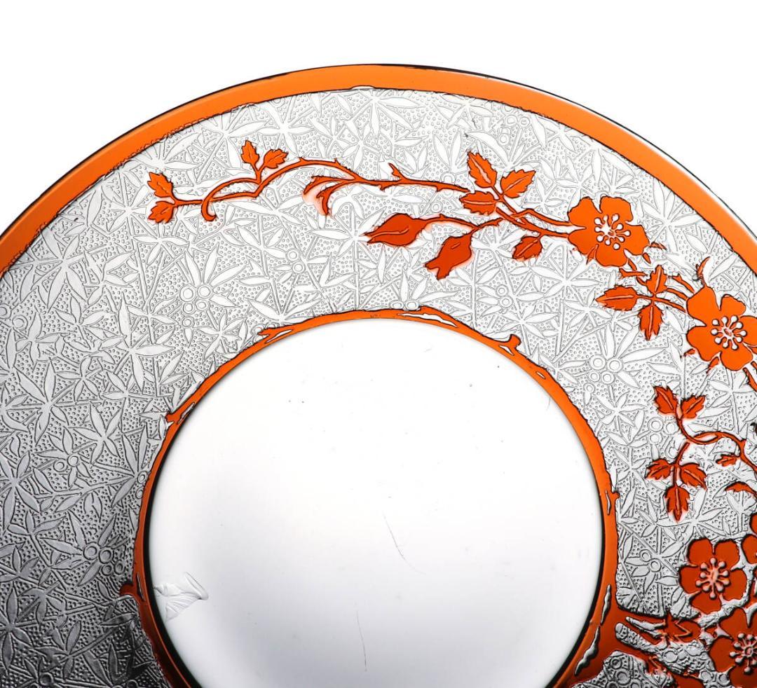 オールド・バカラ 希少色 橙色被せガラス 犬薔薇 コンポート皿 エグランチエ