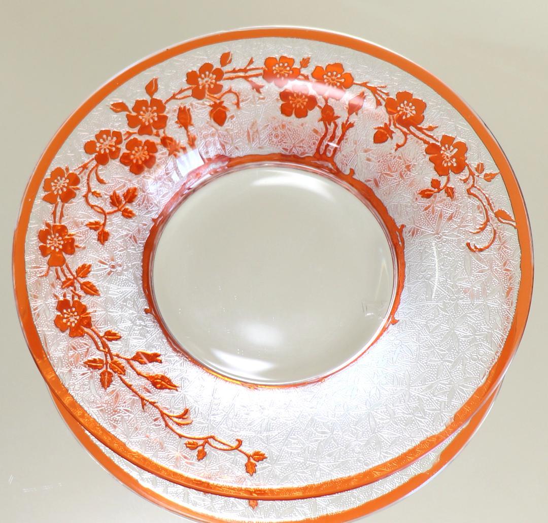 オールド・バカラ 希少色 橙色被せガラス 犬薔薇 コンポート皿 エグランチエ