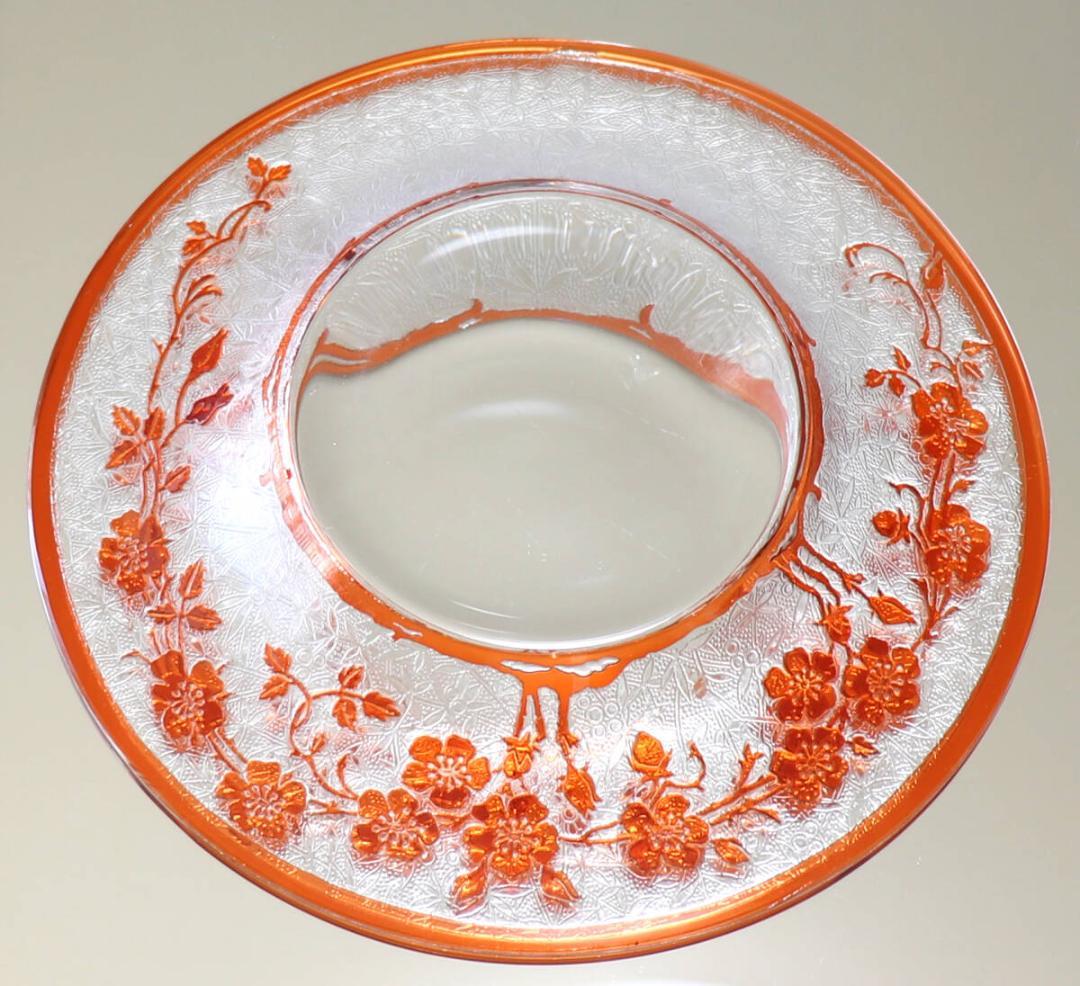 オールド・バカラ 希少色 橙色被せガラス 犬薔薇 コンポート皿 エグランチエ