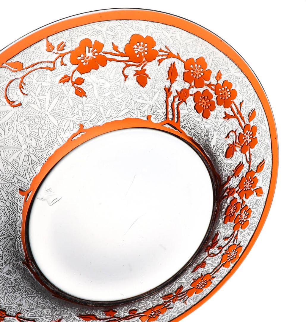 オールド・バカラ 希少色 橙色被せガラス 犬薔薇 コンポート皿 エグランチエ