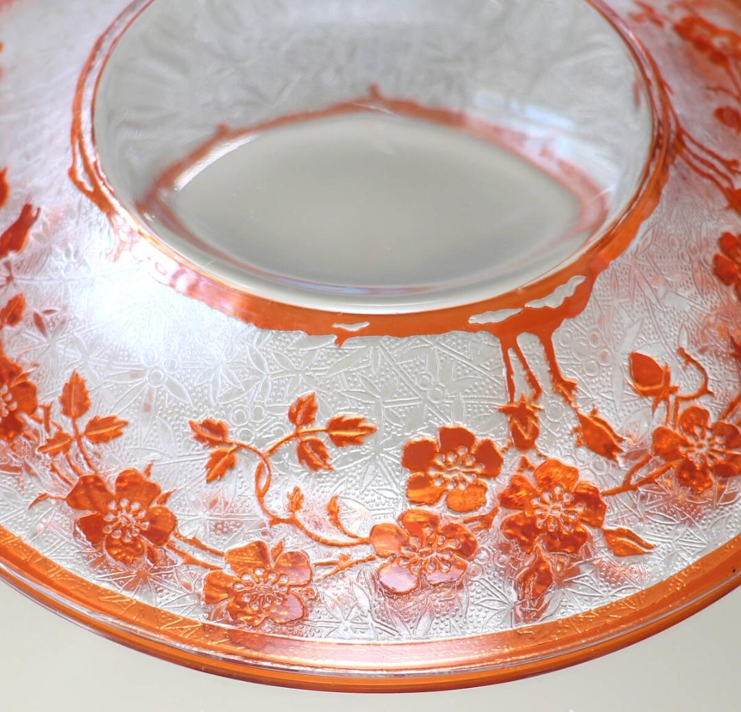 オールド・バカラ 希少色 橙色被せガラス 犬薔薇 コンポート皿 エグランチエ