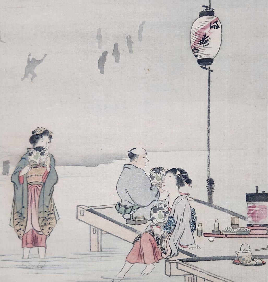 四条河原夕涼み図】大崎晴山 1013 京都鴨川床 共箱 掛け軸 肉筆 涼し掛