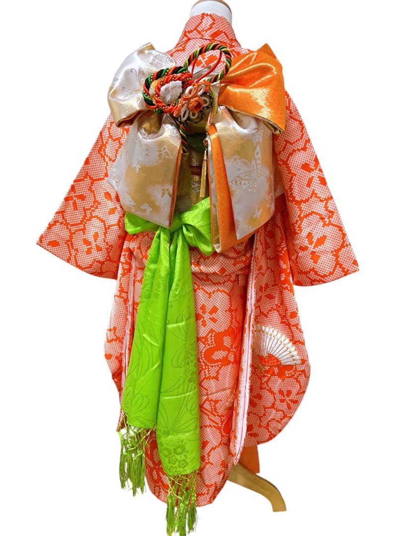 お買い得品♡七五三　7歳　女の子　フルセット　一式　鹿の子柄　朱色　オレンジ