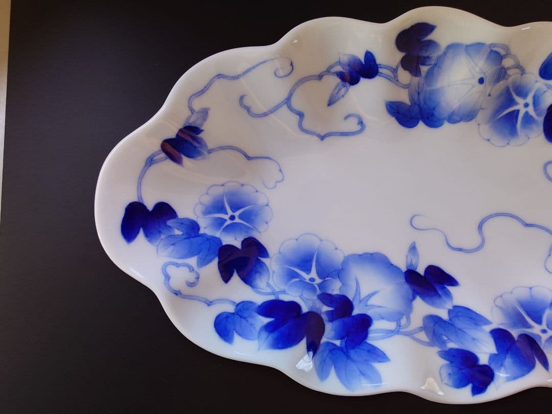 深川製磁　皿　深川ブルー染付け朝顔　明治意匠染付朝顔　工芸品
