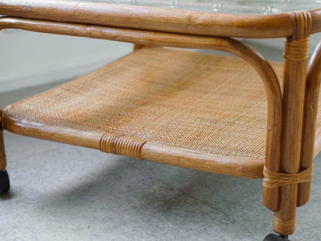 ジャパニーズモダン ガラステーブル 藤家具 /ラタン ヴィンテージ 昭和レトロ