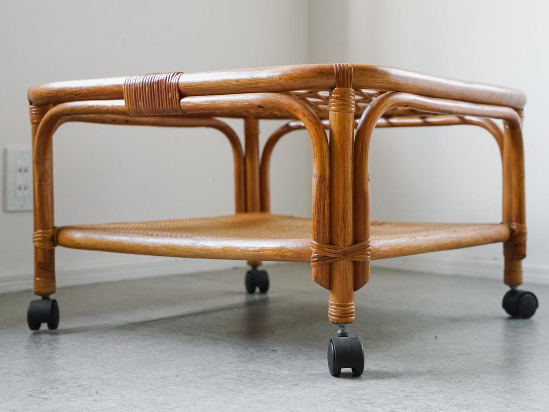 ジャパニーズモダン ガラステーブル 藤家具 /ラタン ヴィンテージ 昭和レトロ