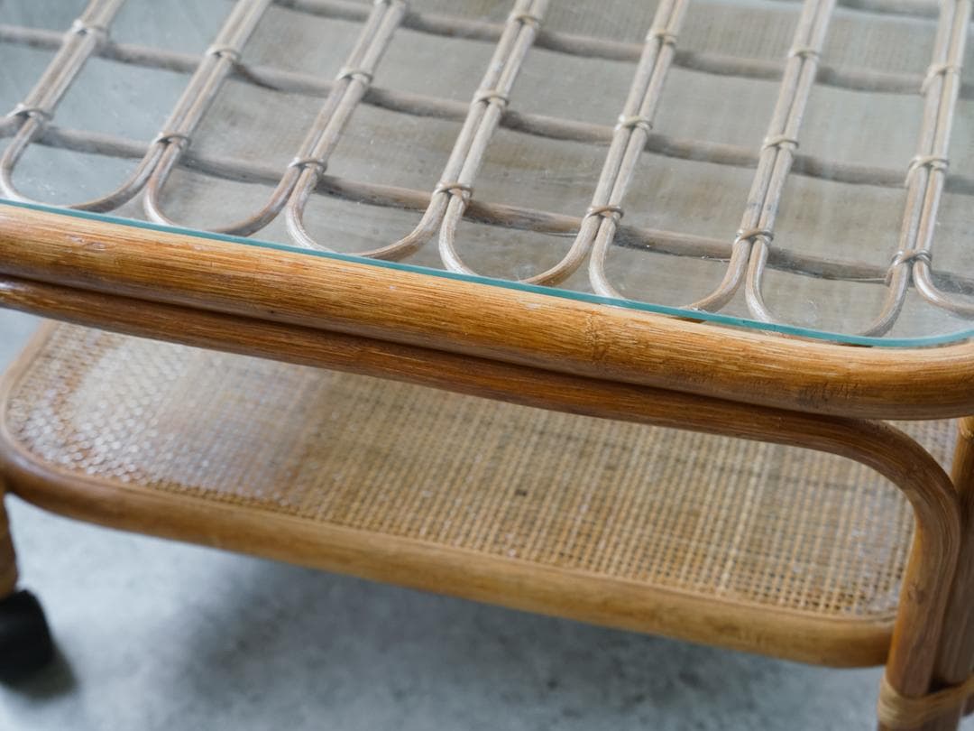 ジャパニーズモダン ガラステーブル 藤家具 /ラタン ヴィンテージ 昭和レトロ