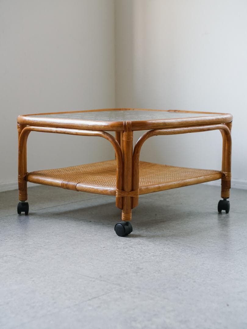 ジャパニーズモダン ガラステーブル 藤家具 /ラタン ヴィンテージ 昭和レトロ