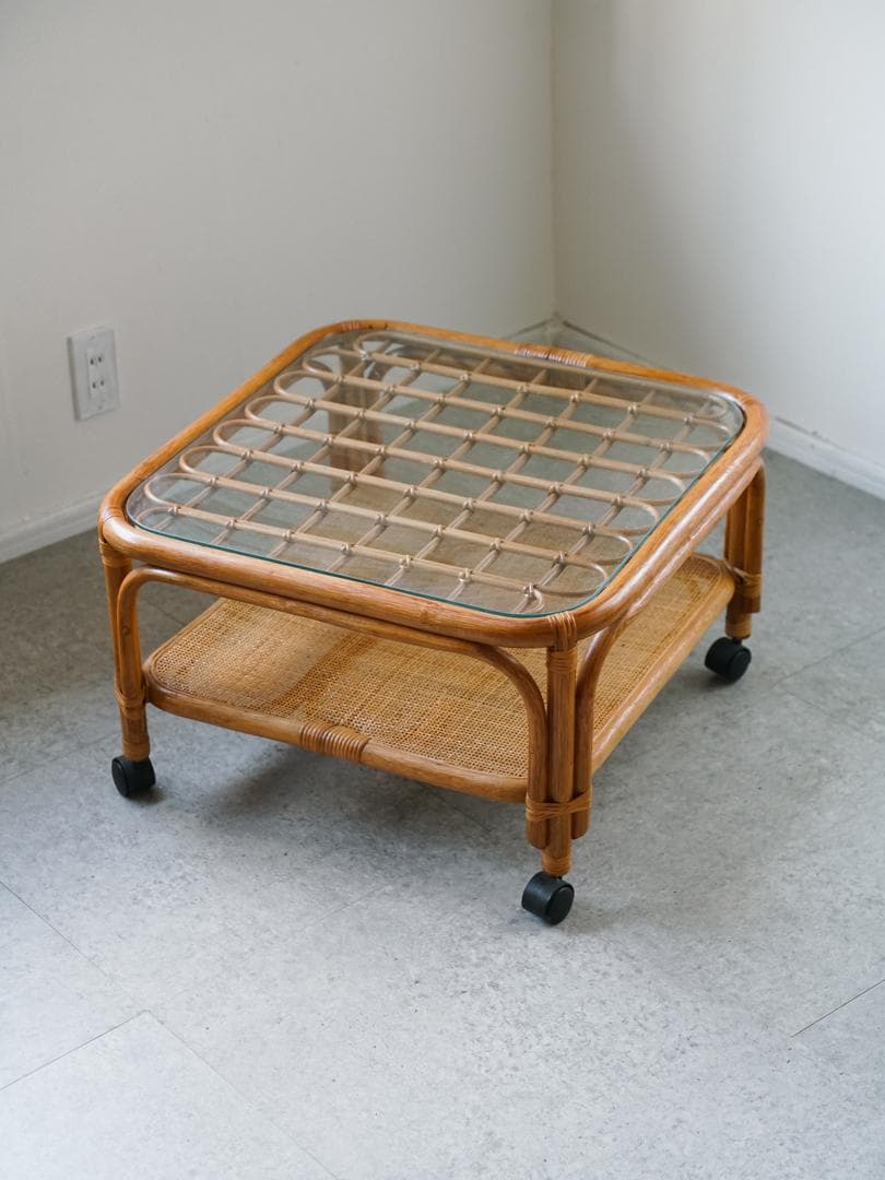 ジャパニーズモダン ガラステーブル 藤家具 /ラタン ヴィンテージ 昭和レトロ