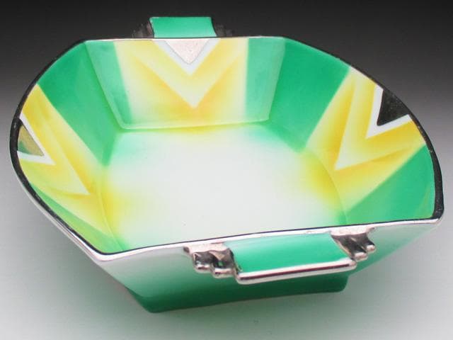 オールドノリタケ グリーン地銀彩ジオメトリック スクエアボウル