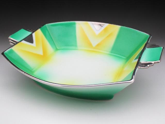 オールドノリタケ グリーン地銀彩ジオメトリック スクエアボウル