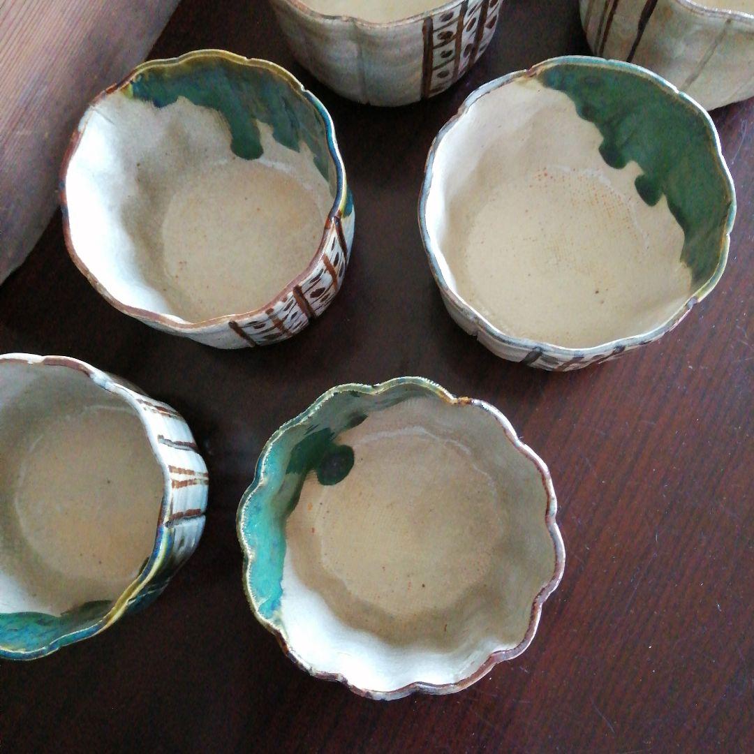 瀬戸焼　織部筒形向付　9客　8.7cm　大正～昭和中期