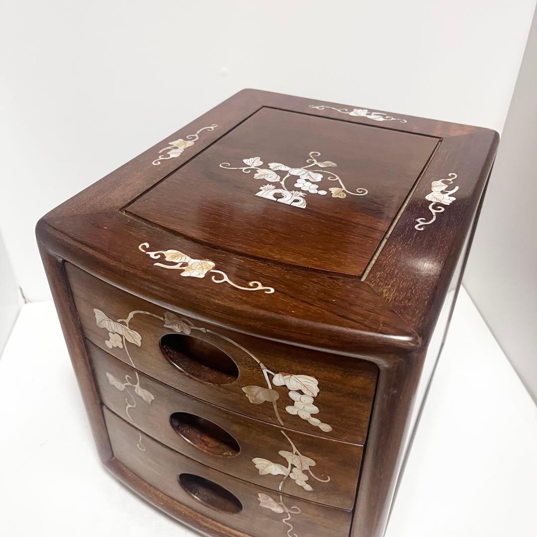 花梨 螺鈿家具 唐木 螺鈿細工 小引出し 3段 李朝 小型チェストアンティーク