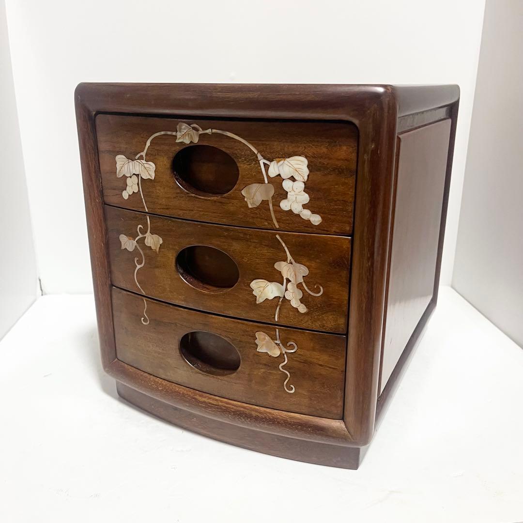 花梨 螺鈿家具 唐木 螺鈿細工 小引出し 3段 李朝 小型チェストアンティーク