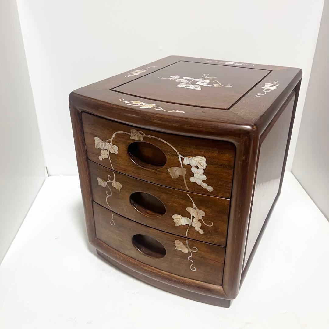 花梨 螺鈿家具 唐木 螺鈿細工 小引出し 3段 李朝 小型チェストアンティーク
