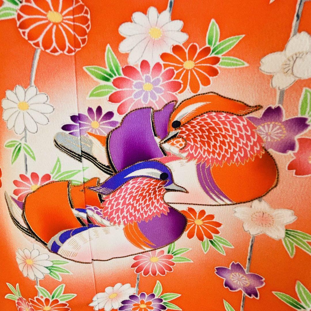 七五三　長着帯セット ７歳女の子 オレンジ地　ちりめん　 源氏車 52697