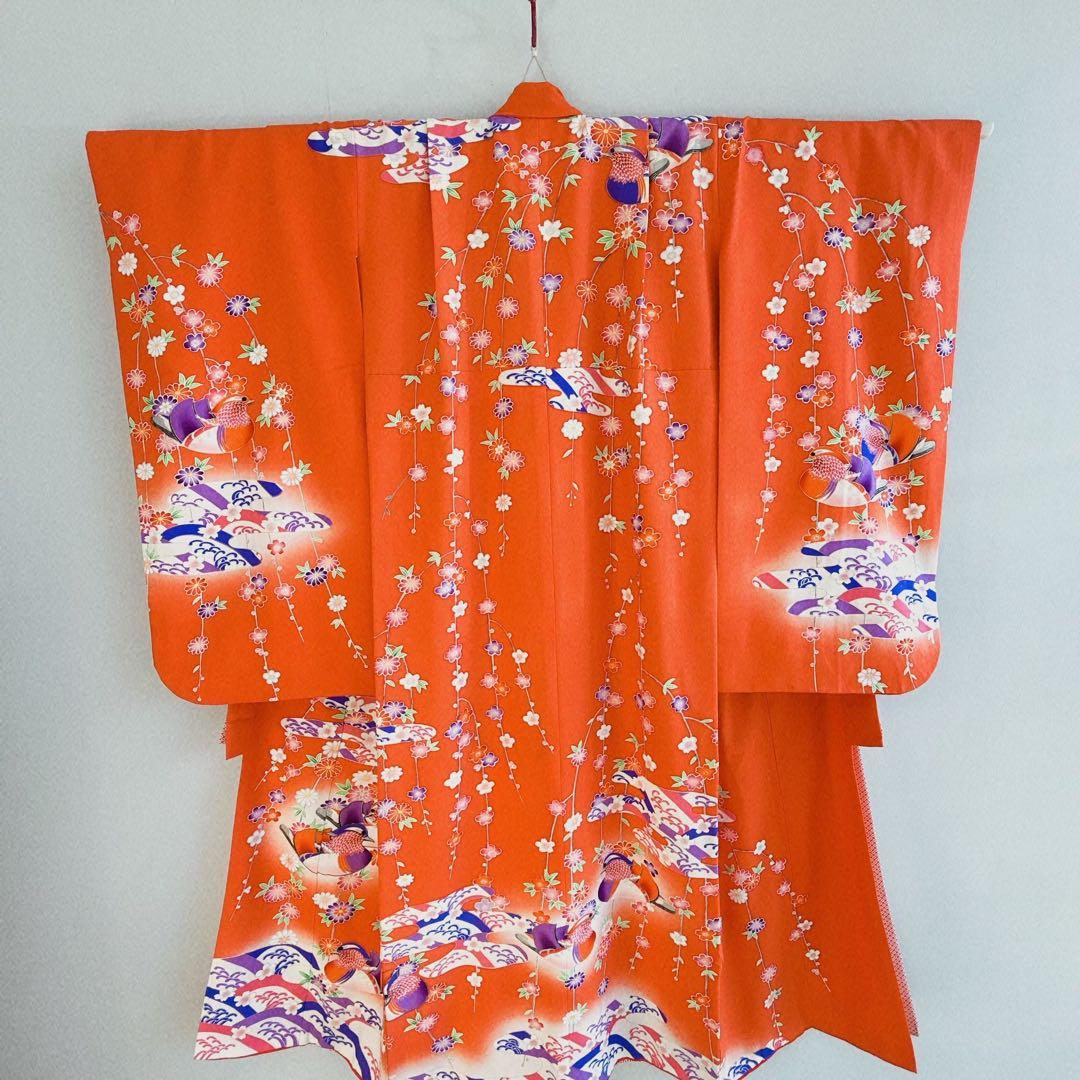 七五三　長着帯セット ７歳女の子 オレンジ地　ちりめん　 源氏車 52697