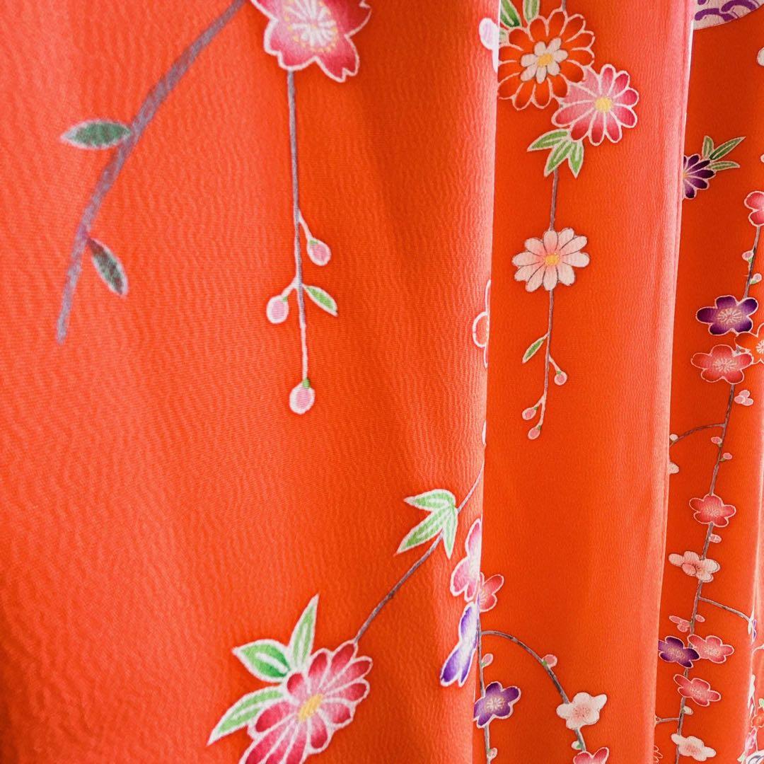 七五三　長着帯セット ７歳女の子 オレンジ地　ちりめん　 源氏車 52697