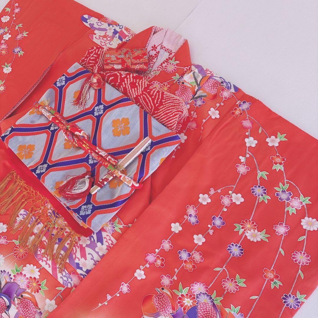 七五三　長着帯セット ７歳女の子 オレンジ地　ちりめん　 源氏車 52697