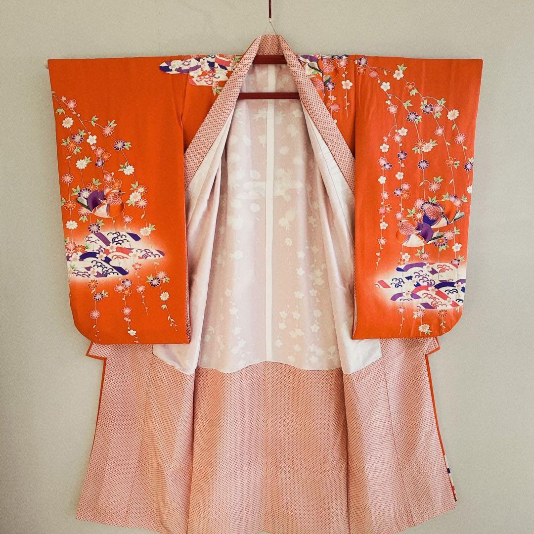 七五三　長着帯セット ７歳女の子 オレンジ地　ちりめん　 源氏車 52697