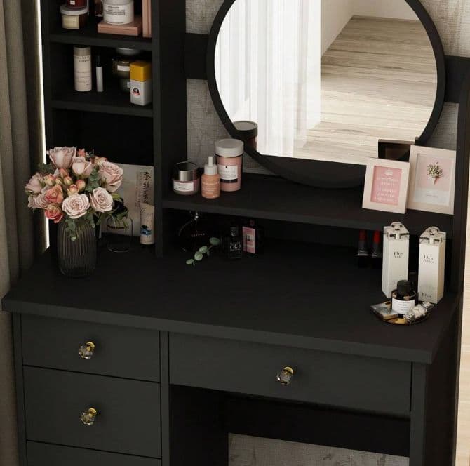 北欧風ドレッサー 円形女優ミラー 引き出し 5 杯 スツール付き 寝室化粧台